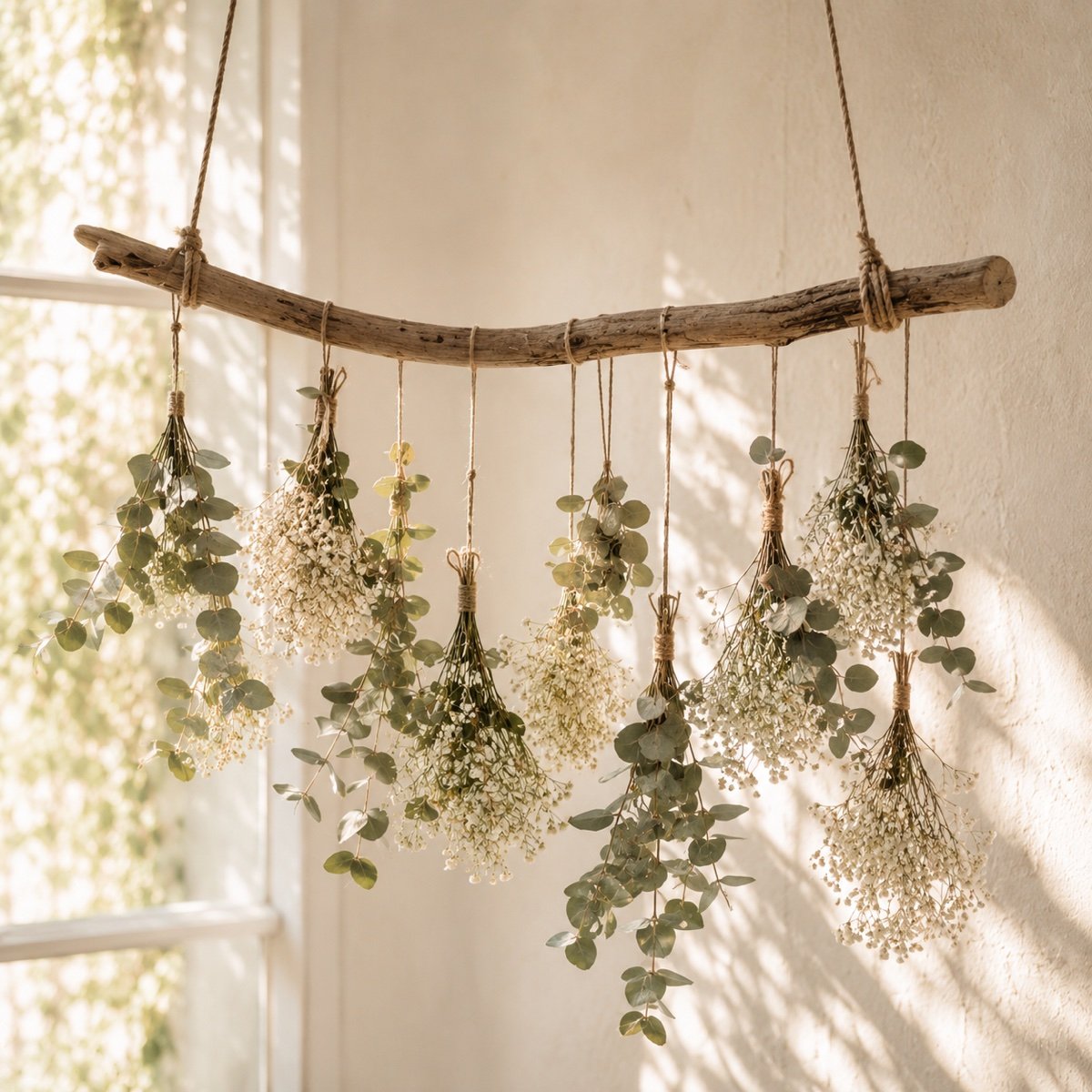 Suspension de bois flotté avec eucalyptus et gypsophile en contre-jour